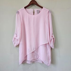 Chico's Women's Flowy Blouse Size 0 Pink Roll Tab Sleeve Asymmetrical Office